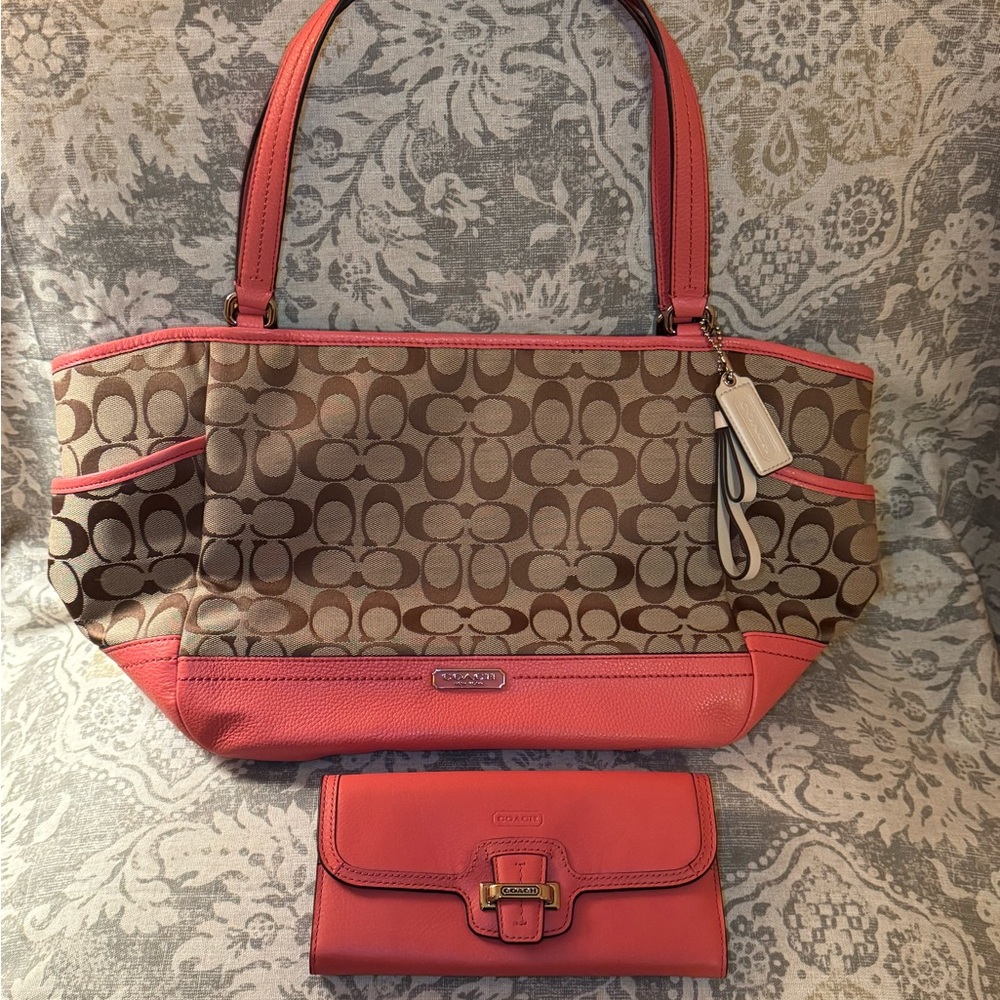 Coach Tan and Coral Signature Shoulder Bag